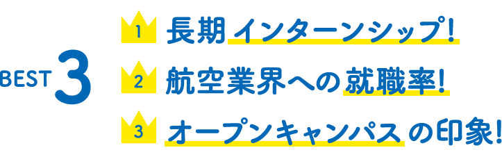 BEST3 1.長期インターンシップ! 2.航空業界への就職率! 3.オープンキャンパスの印象!